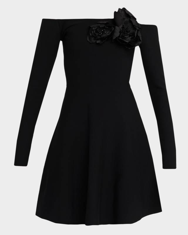 Off-The-Shoulder Flower Applique Long-Sleeve Knit Mini Dress